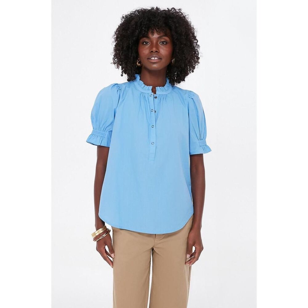 Apiece Apart Los Altos Top Oxford Blue Organic Cotton Ruffle Puff Sleeve XL